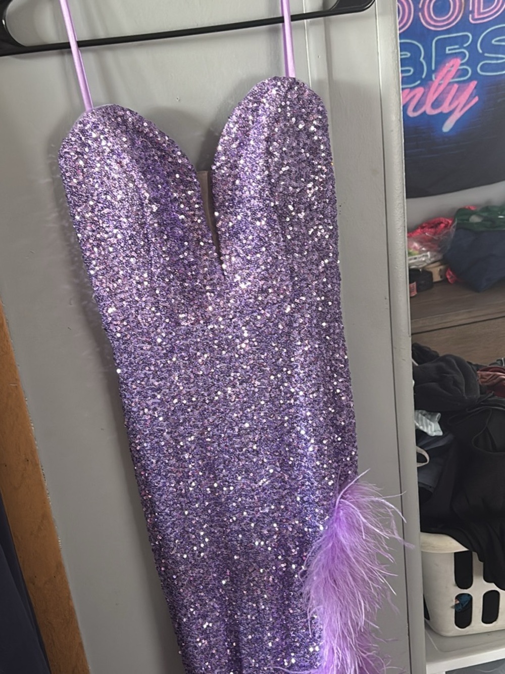 Lavender Sequin Strapless Dress with Feather Trim